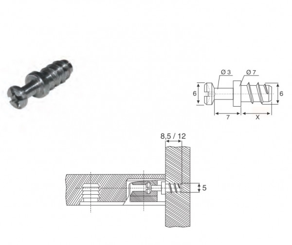 Bolzen für Modulfix 7,5 mm Eurogewinde für Mittelwände Bohrtiefe 8,5 mm