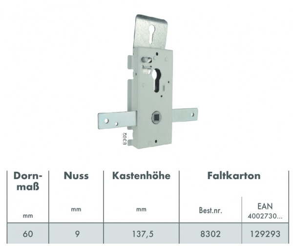 Garagentorschloss Bever 8302 seitlich schließend Entfernung 60mm