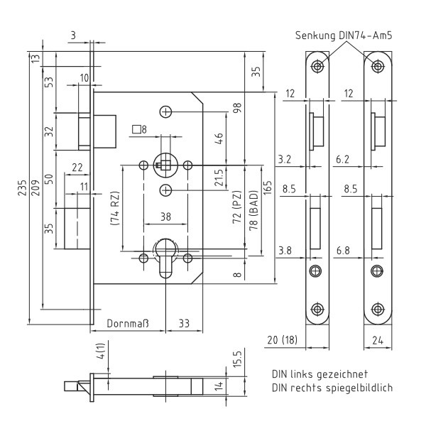 Behördeneinsteckschloss KL 3 BMH 300 WC ab 55 mm Dornmaß Hauptvariante EDELSTAHL